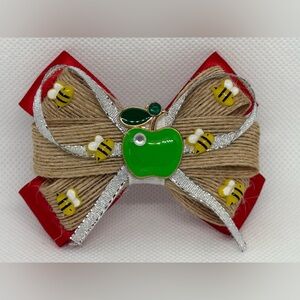 Red and Silver Kids Bow with Green Apple Accent